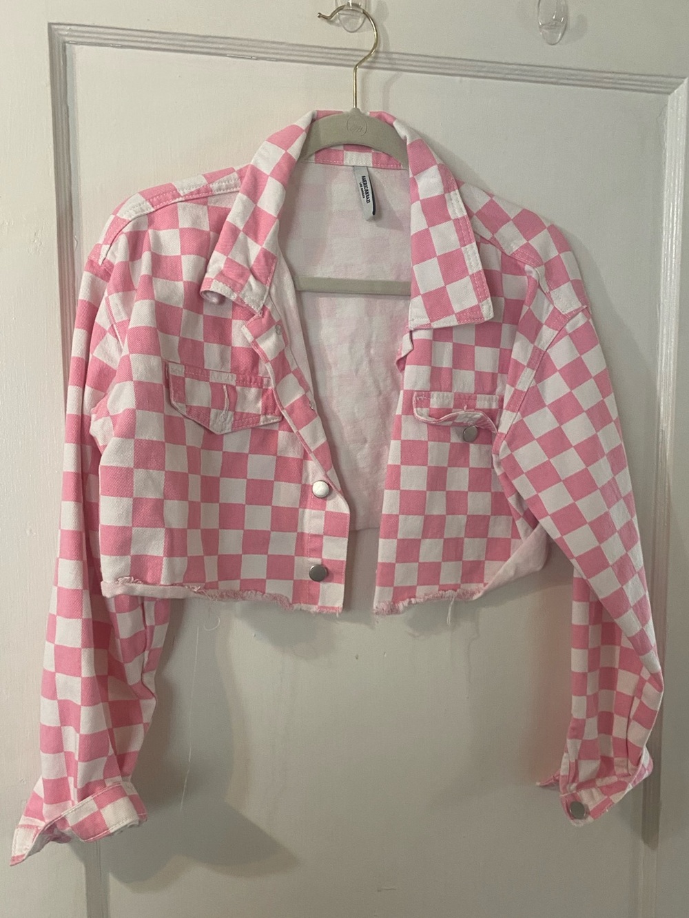 American Bazi Pink & White Cropped Checkerboard Jean Jacket